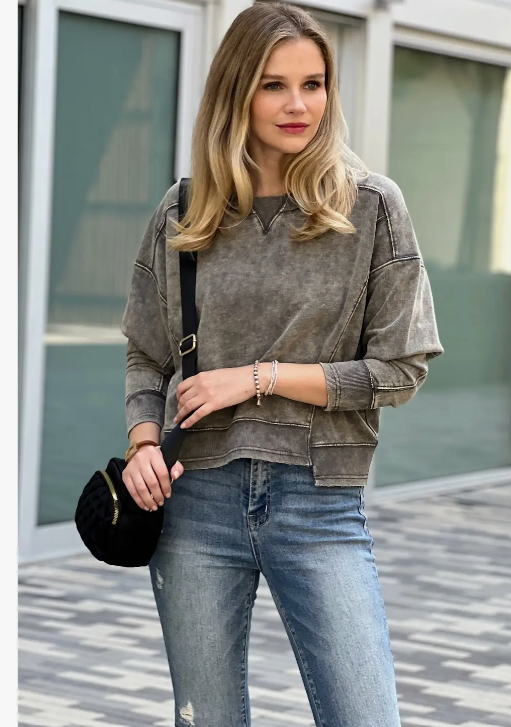 French Terry Acid Wash Raw Edge Pullover - Mocha Grey