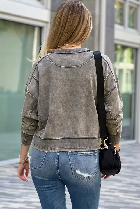French Terry Acid Wash Raw Edge Pullover - Mocha Grey