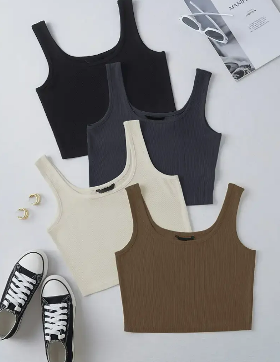 4 Pcs Set Crop Tank Top, Casual Basic High Stretch Summer Top