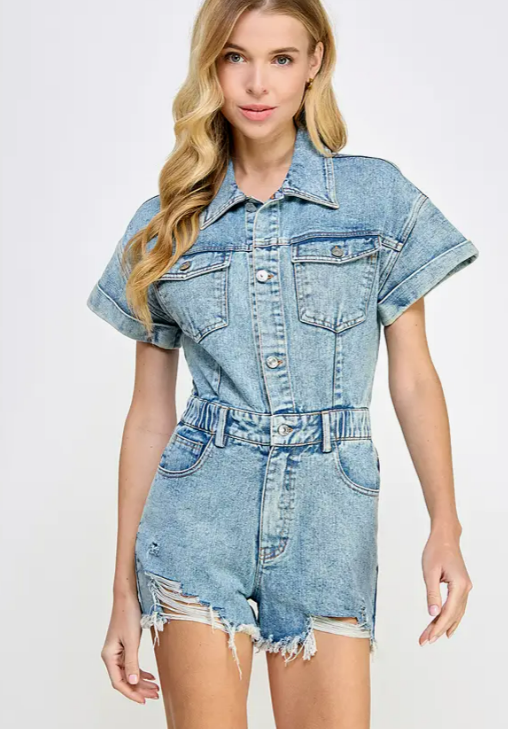 Destroyed Mineral Washed Denim Romper