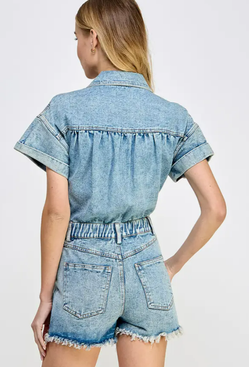 Destroyed Mineral Washed Denim Romper