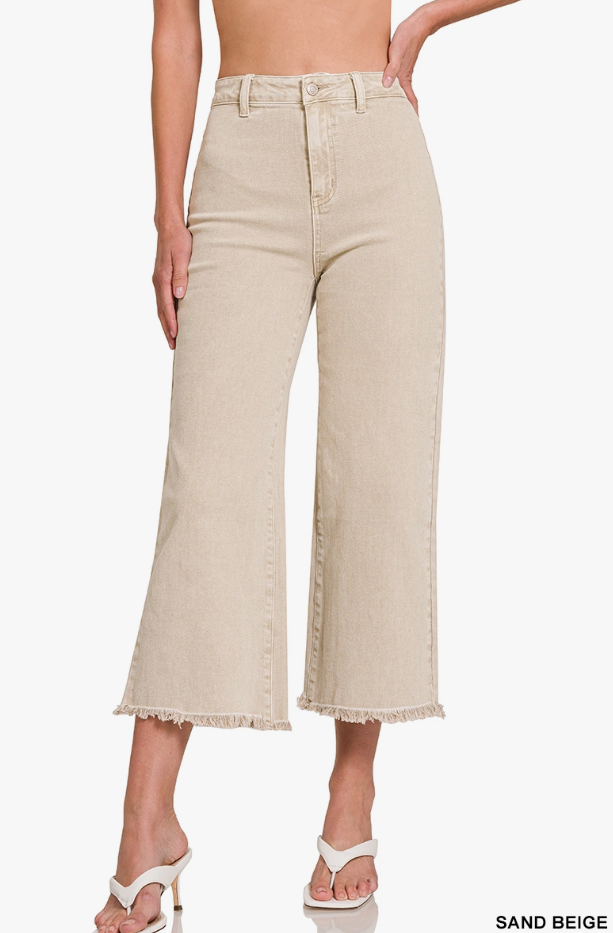 Acid Wash High Waist Fray Hem Straight Wide Pants - Sand Beige