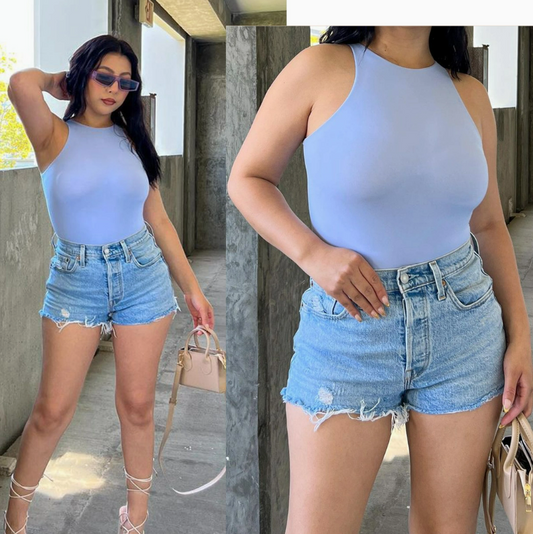 Scoop Neck Shape-Wear Bodysuit: Blue