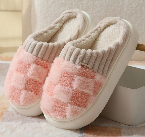 Pink Checkered Fuzzy Slippers